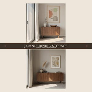 Peut inclure: Un ensemble de buffets en bois comprenant deux unités de 140 cm et 200 cm. Le meuble présente une structure rectangulaire avec quatre portes et des pieds fuselés. Le texte JAPANDI DINING STORAGE 140cm + 200cm Sideboard Bundle est affiché au centre.