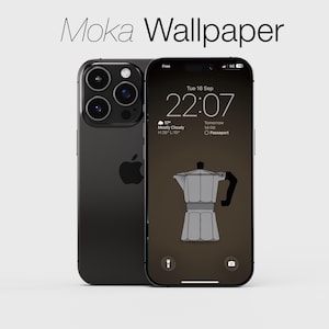 May include: Two black smartphones, one displaying a moka pot graphic on the screen. The other phone shows the Apple logo. The screen displays the time, date, and weather information. The text "Moka Wallpaper" is at the top.