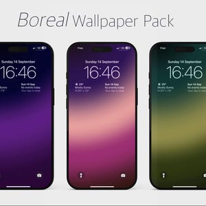 May include: Three smartphones displaying gradient wallpapers in purple, pink, and green. Each screen shows the date, time, and weather information. The text "Boreal Wallpaper Pack" is at the top.