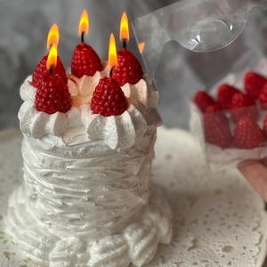 May include: A white, frosted candle shaped like a cake, adorned with red raspberry-shaped candles with lit flames. The candle sits on a white, lace-patterned doily. A clear plastic container holds additional raspberry-shaped candles.
