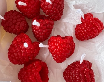 Set of 12 Raspberry Shaped Soy Wax Candles, Mini Berry Cake Toppers