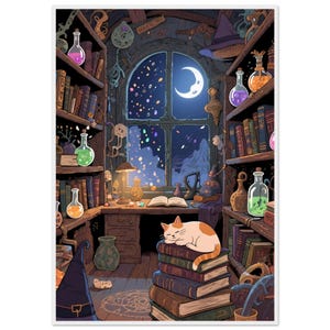 Vintage Witch&#39;s Study Poster, Magical Apothecary Art, Cozy Witchy Decor, Cluttered Spell Room Print