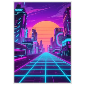 Retro poster Synthwave City – neonkunst aan de muur jaren 80 – vintage ingelijste poster