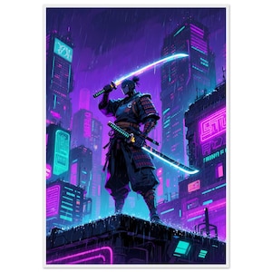 Cyberpunk Samurai Wall Art – Neon City Futuristic Poster – Modern Framed Print