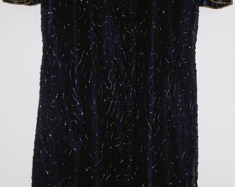 SWEELO Silk Embroidered Shift Dress Size L 10 12 Navy Blue Sequin Beads Vintage 1980s HapaChico