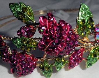 HAPACHICO LUPITA Headband Pink Red Roses Flowers Gold Metal Rhinestones Green