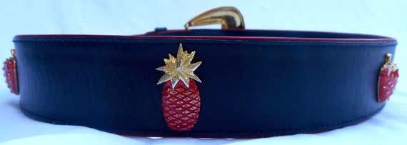 ESCADA Belt 40 10 Leather Blue Red Enamel Strawbe… - image 4