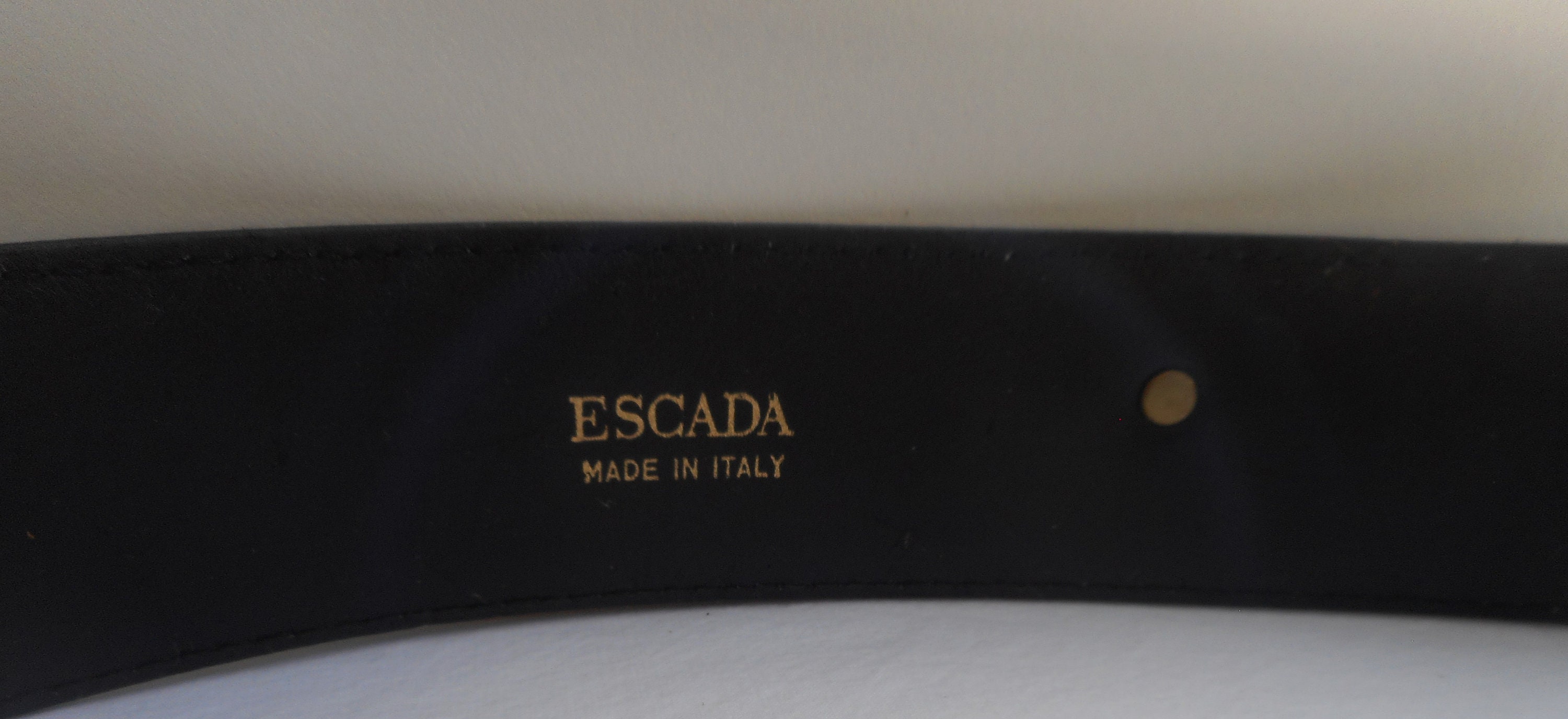 ESCADA Belt Size 8 38 Blue Logo Gold Metal Bows Vintage  display picture 1