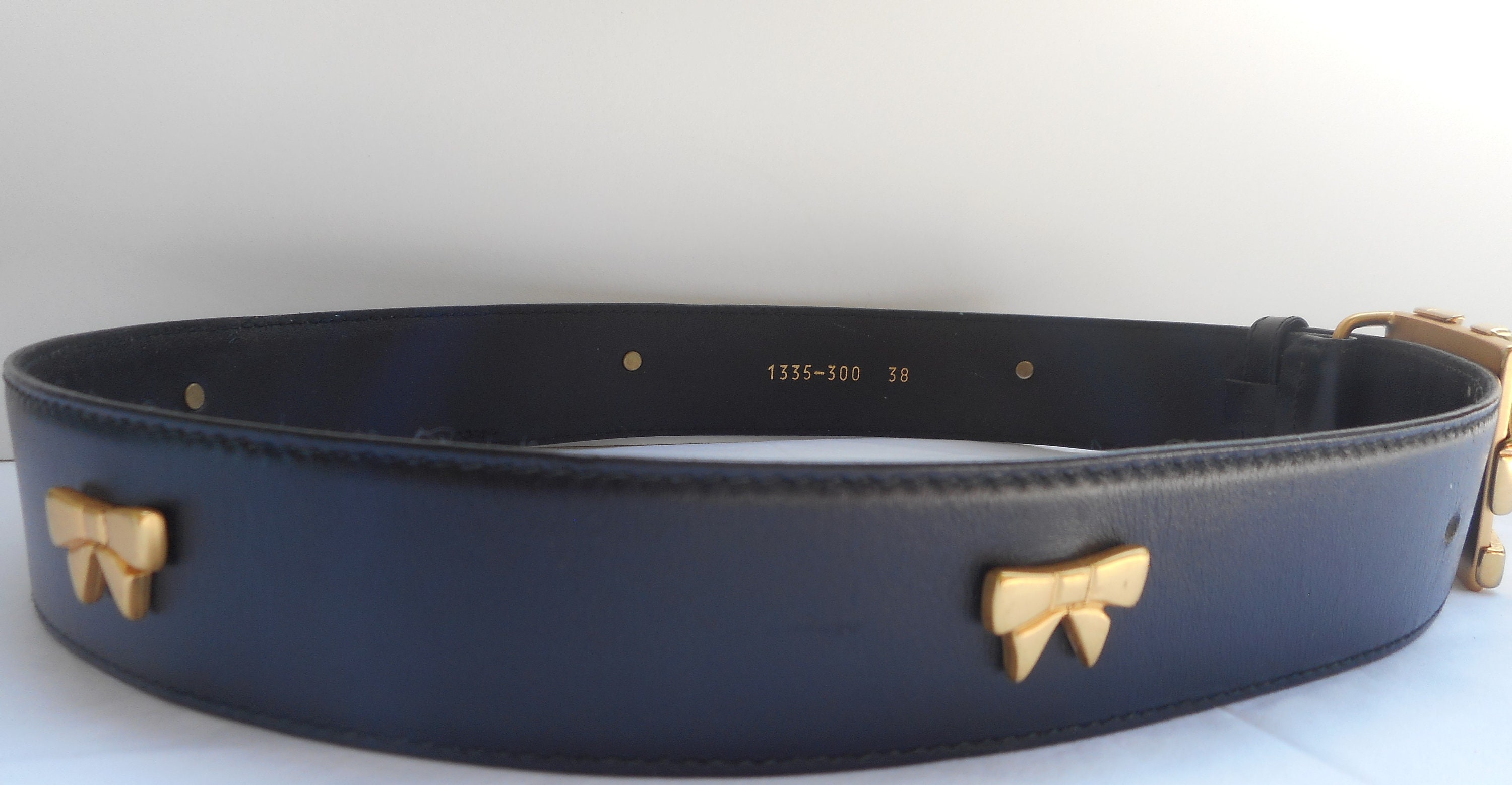 ESCADA Belt Size 8 38 Blue Logo Gold Metal Bows Vintage  display picture 2