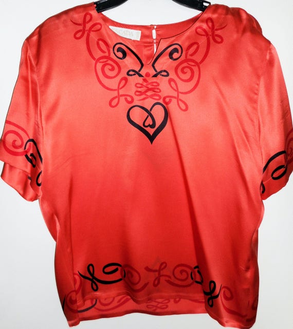 ESCADA Silk Blouse Size 10 40 Orange Black Hearts… - image 5