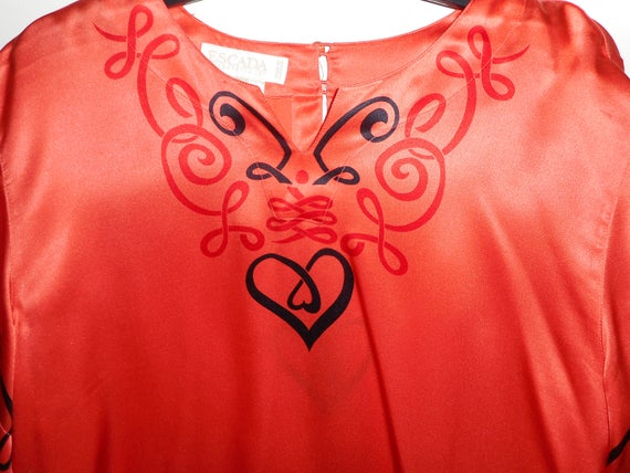 ESCADA Silk Blouse Size 10 40 Orange Black Hearts… - image 3