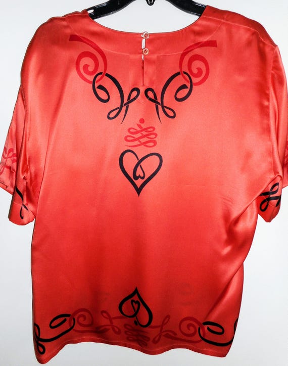 ESCADA Silk Blouse Size 10 40 Orange Black Hearts… - image 6