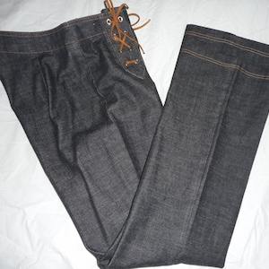 ESCADA Vintage 1990s Jeans Pants 6 36 Blue Black Denim Front Lace Up Suede