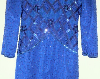 SWEELO Silk Embroidered Shift Dress Size S Royal Cobalt Blue Sequin Beads Silk HapaChico