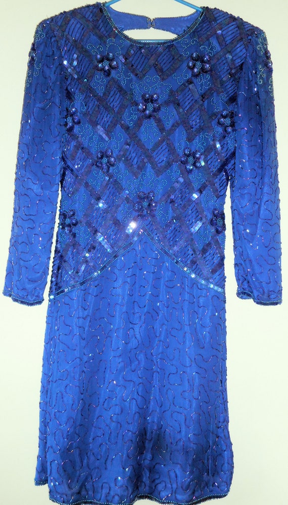 SWEELO Silk Embroidered Shift Dress Size S Royal … - image 1