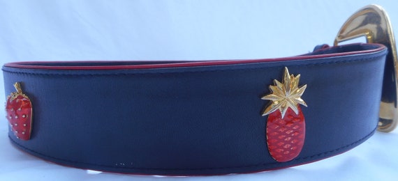 ESCADA Belt 40 10 Leather Blue Red Enamel Strawbe… - image 1