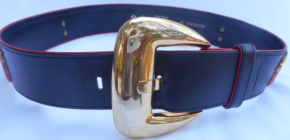 ESCADA Belt 40 10 Leather Blue Red Enamel Strawbe… - image 7