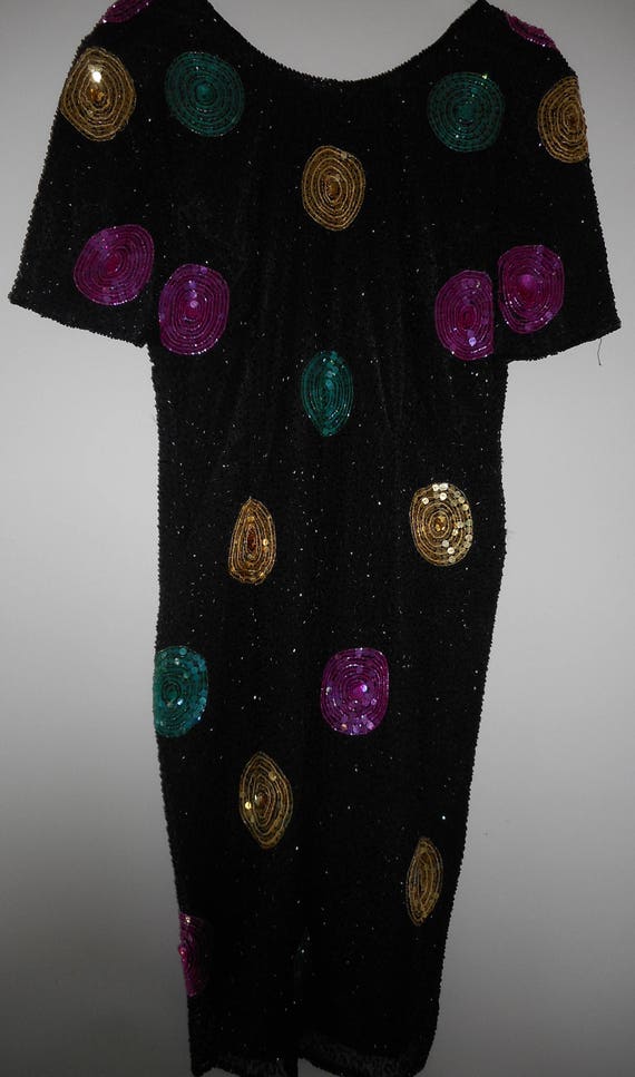 Leslie Fay Black Shift Silk Dress Petite 10 Embroidered Sequin Beads Purple Gold 1980 Vintage HapaChico