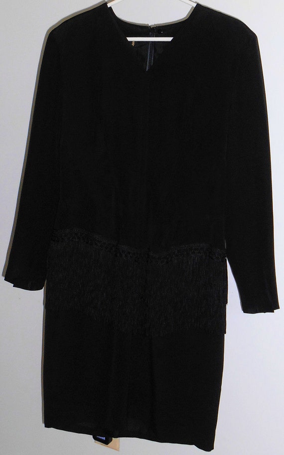 ESCADA Vintage 1980s Black Dress Fringe Silk 40 10