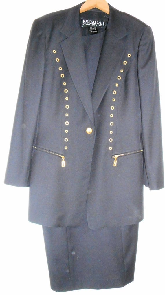 ESCADA Dress Jacket Suit Size 10 Navy Blue Coast … - image 9