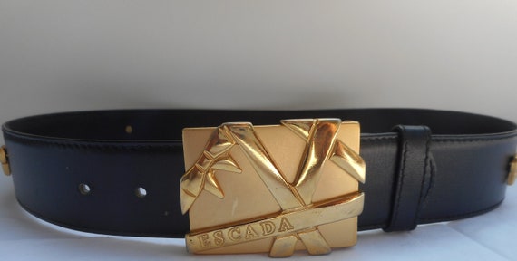 ESCADA Belt Size 8 38 Blue Logo Gold Metal Bows Vintage 