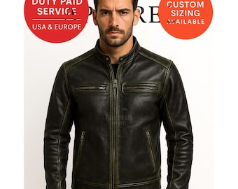 Distressed Black Sheepskin Leather Cafe Racer Biker Jacket