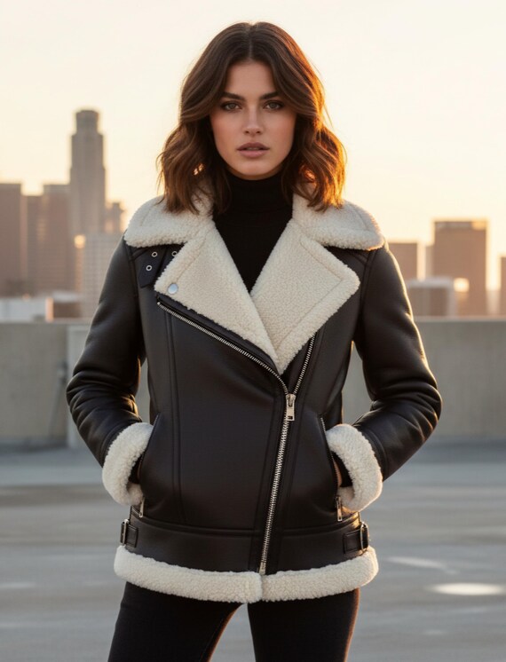Faux Shearling Aviator Jacket - Women's Black Biker Coat - Etsy