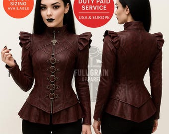 May include: A burgundy leather jacket with a high collar, ruffled shoulders, and a peplum hem. The jacket features a zipper closure, decorative metal rings, and a small cross-shaped embellishment. The text "FULL GRAIN APPAREL" is visible.