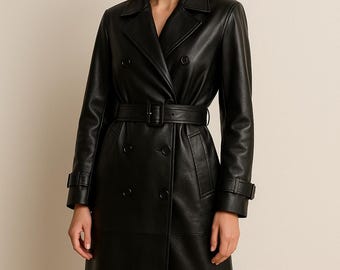 Women's Black Leather Trench Coat – Double-Breasted Belted Winter Jacket