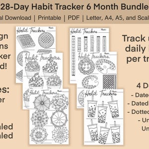 May include: A digital download bundle of habit trackers. The image shows several black and white printable pages with various designs, including cupcakes, umbrellas, and bubble tea. The text includes "28-Day Habit Tracker" and "Track up to 6 daily habits per tracker."