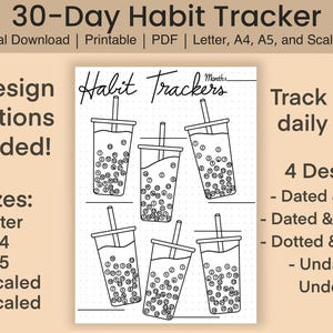 May include: A printable 30-Day Habit Tracker page featuring six black and white line art illustrations of bubble tea cups with straws. Each cup contains small circles with numbers inside, set against a dotted grid background with the text Habit Trackers.