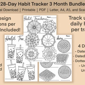 May include: A digital download bundle for a 28-day habit tracker, offering 20 design variations. Includes printable PDF files in Letter, A4, A5, and scaled sizes. Track up to 6 daily habits. Designs include dated, dotted, and undated options.