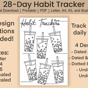 May include: A 28-Day Habit Tracker printable PDF featuring six black and white line art illustrations of bubble tea cups with straws. Each cup contains numbered circles for tracking daily habits. The page includes text headers and labels.