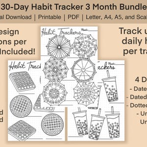 May include: A digital download bundle of habit trackers. The image shows various designs, including umbrella and bubble tea illustrations, with options for dated and undated formats. Includes 20 design variations, 5 sizes, and tracks up to 6 daily habits.