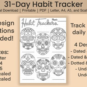 May include: A printable 31-Day Habit Tracker page featuring six black and white sugar skull illustrations with intricate floral and geometric patterns. The document includes a header labeled Habit Trackers and a blank line for the month.