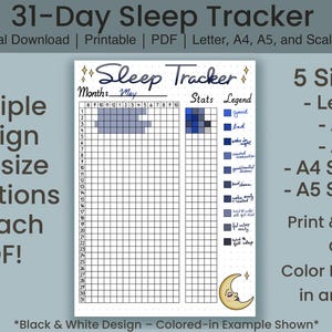 Può includere: Un tracker del sonno di 31 giorni in formato PDF stampabile con una griglia per monitorare i ritmi del sonno, una sezione statistiche e una legenda con categorie a colori. Il documento include il testo Sleep Tracker, Month: May e una luna.