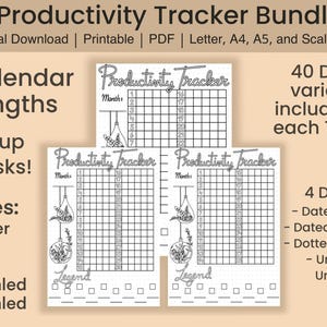 May include: A Productivity Tracker bundle featuring three black and white printable calendar templates with grid layouts, task trackers, and hanging plant illustrations. The text includes Productivity Tracker, Month, Legend, and various size and design details.
