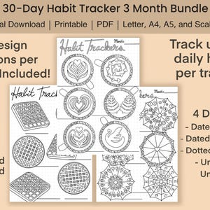 May include: A 30-day habit tracker 3-month bundle featuring 20 design variations. The printable PDF includes letter, A4, and A5 sizes. Designs include coffee cup latte art, waffles, and umbrellas with numbered sections to track up to 6 daily habits.