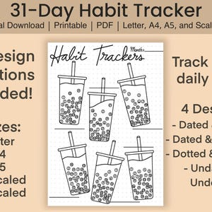 May include: A printable 31-day habit tracker sheet featuring six black and white line art illustrations of bubble tea cups with straws. Each cup contains multiple circles for tracking daily habits. The header reads Habit Trackers Month.
