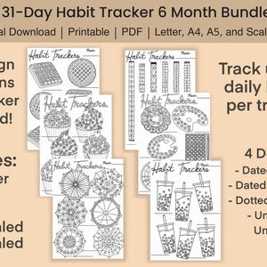 May include: A 31-day habit tracker 6-month bundle featuring black and white printable PDF pages. The designs include waffles, cupcakes, umbrellas, and boba tea illustrations. Text includes 31-Day Habit Tracker 6 Month Bundle, 20 Design Variations per Tracker Included, Track up to 6 daily habits per tracker, and 5 Sizes: Letter, A4, A5, A4 Scaled, A5 Scaled.