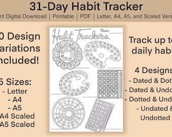 May include: A black and white habit tracker with various designs, including circular and rectangular layouts. The text reads "31-Day Habit Tracker" and lists 20 design variations and 5 sizes, including Letter, A4, and A5. It tracks up to 6 daily habits.