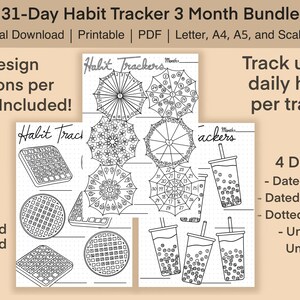 Rainy Morning Bundle | Three 31-Day Habit Trackers | Instant Digital PDF Download | Umbrellas, Waffles, Bubble Tea
