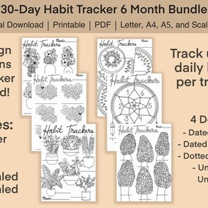 Op de afbeelding: Een bundel afdrukbare habit trackers met diverse ontwerpen, waaronder bloemen en geometrische patronen. Beschikbaar in A4, A5 en Letter formaten, met gedateerde en ongedateerde opties. De tekst luidt "30-Day Habit Tracker 6 Month Bundle".