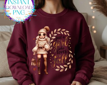 Just a Girl Who Loves Fall PNG, Cozy Autumn Clipart with 3 Bonus Poses