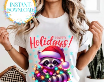 Raccoon Christmas PNG: Holiday Clipart with Santa Hat (Digital Download