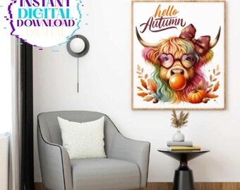 Hello Fall Autumn Highland Cow PNG: Fall Clipart with Pumpkins and Glasses (Digital Download)