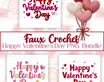 Faux Crochet Happy Valentines Day PNG Bundle, Valentine Text PNG, Yarn Style