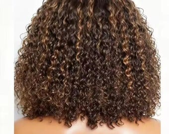 Middellange bob met krullende highlights en ombre-effect | Diepe golvende pruik van echt mensenhaar (4/27) | HD lace front pruik | Lijmloze, voorgeplukte pruik | Natuurlijk ogende krullen