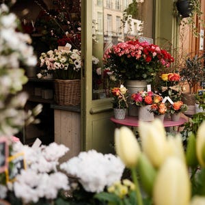 May include: A flower shop display featuring a variety of fresh flowers. Red, pink, and orange roses are arranged in metal buckets and small pots on a pink table. White and pink flowers are in a wicker basket. The shop's door is open.
