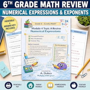 May include: A colorful 6th-grade math review sheet on numerical expressions and exponents. The worksheet includes practice problems, key vocabulary, and an answer key. The text includes "Printable PDF" and "Parent Friendly".